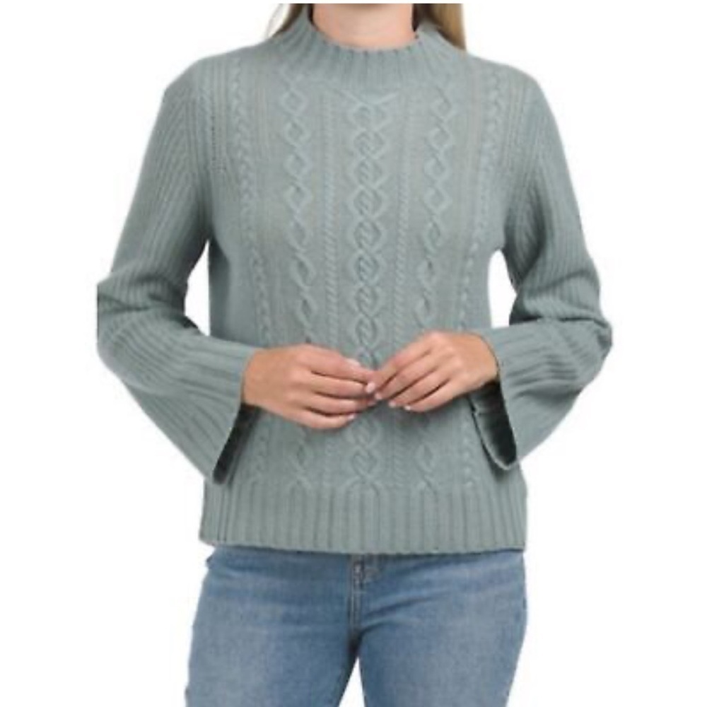 WHITE+WARREN Cashmere Relaxed Cable Mockneck Green Sweater Sz S
